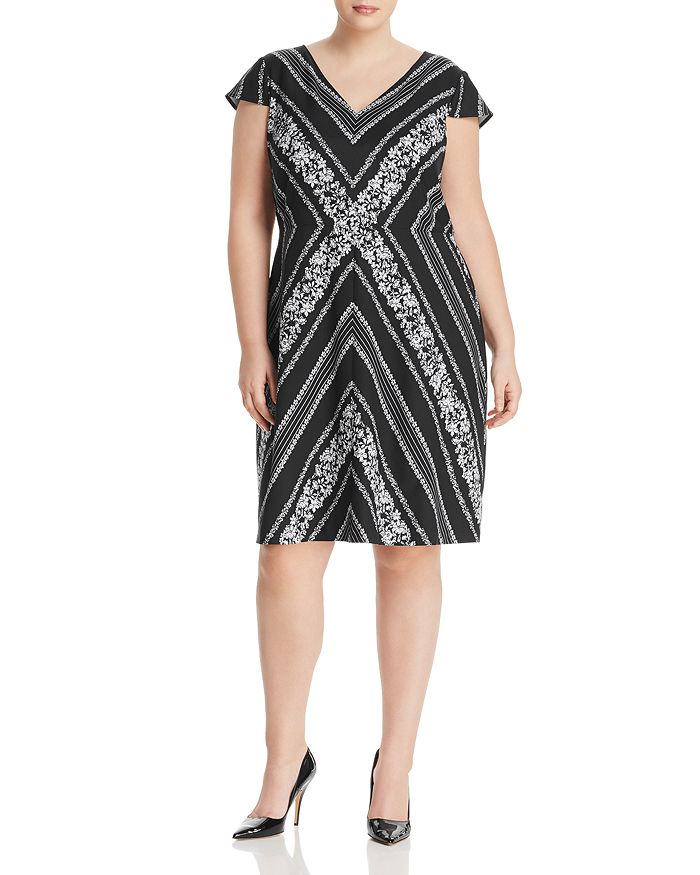 Adrianna Papell Plus Floral Chevron Shift Dress In Black/ivory
