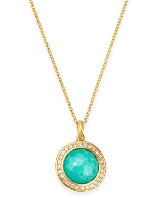 18K Yellow Gold Lollipop Turquoise Mini Pendant Necklace with Pav&eacute; Diamonds, 18"