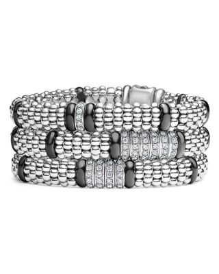 Sterling Silver Black Caviar Rope Bracelet with Diamonds & Black Ceramic