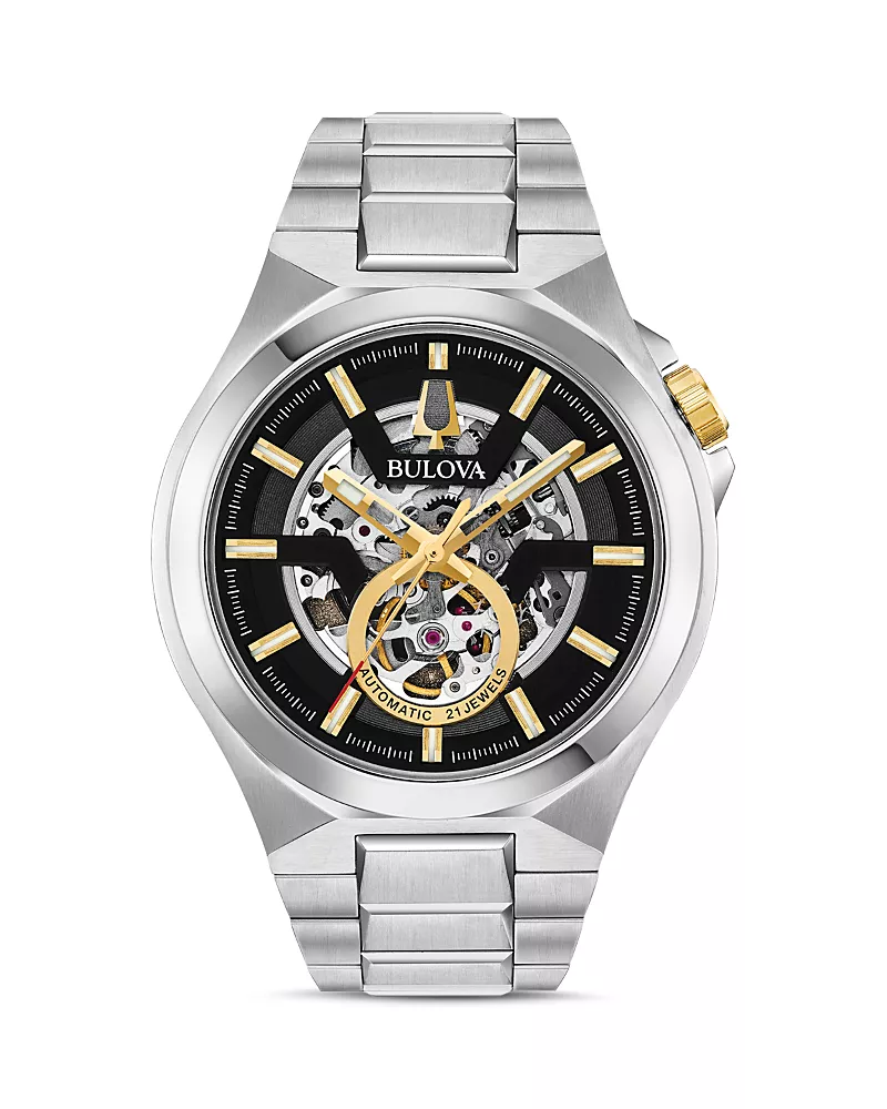 Bulova Maquina Silver-Tone Link Bracelet Automatic Watch, 46mm