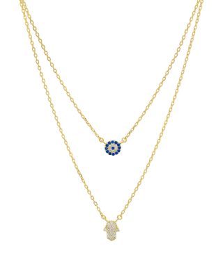 Double Strand Hamsa Pendant Necklace in 14K Gold-Plated Sterling Silver or Sterling Silver, 14"-16" - Exclusive