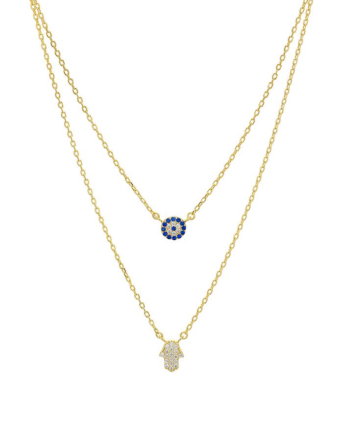Aqua Double Strand Hamsa Pendant Necklace In 14k Gold-plated Sterling Silver Or Sterling Silver, 14-16 - 
