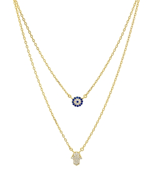 Aqua Double Strand Hamsa Pendant Necklace in 14K Gold-Plated Sterling Silver or Sterling Silver, 14-