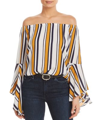 yellow and white striped off the shoulder top