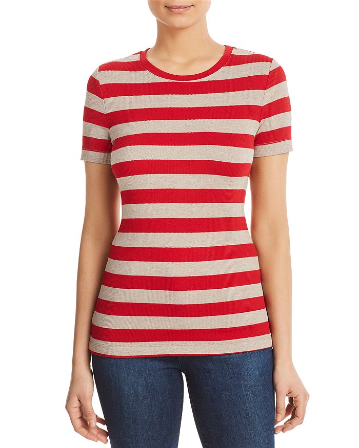 Three Dots Short-sleeve Striped Knit Top In Red Tan