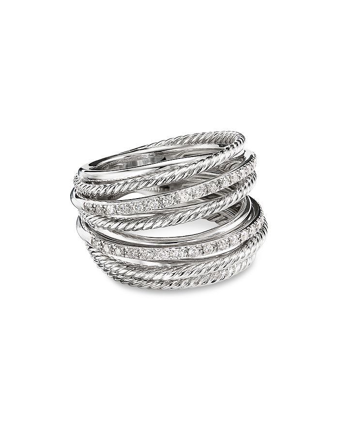 David Yurman - Sterling Silver Crossover Wide Ring with Diamonds