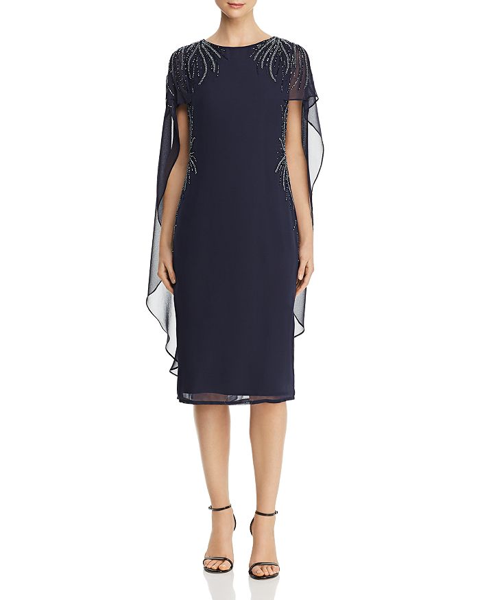 Adrianna Papell Embellished Cape-overlay Dress In Midnight