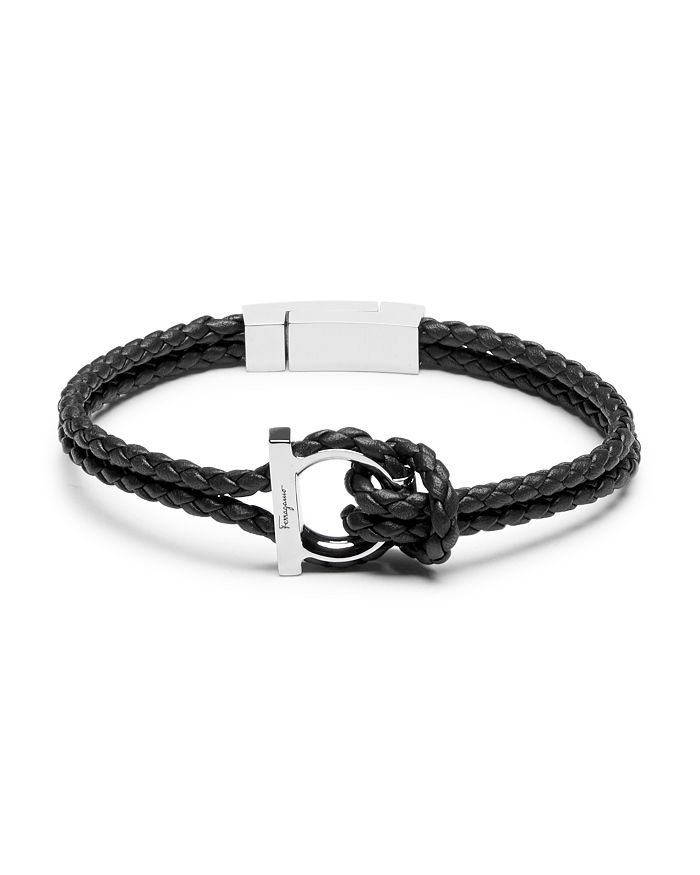 Ferragamo Double Woven Leather Bracelet In Black