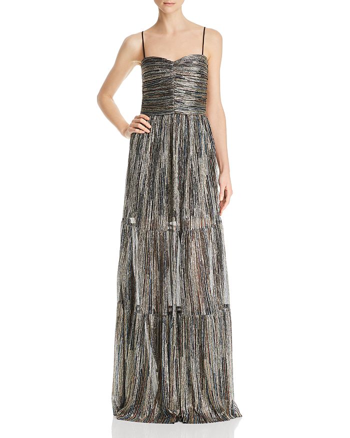 Bellagio Ruched Striped Lam Maxi Dress In Gold Metallic Stripe