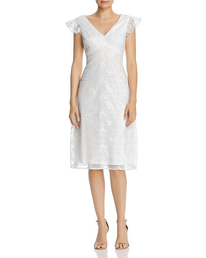 Adrianna Papell Embroidered Flutter-sleeve Dress In White