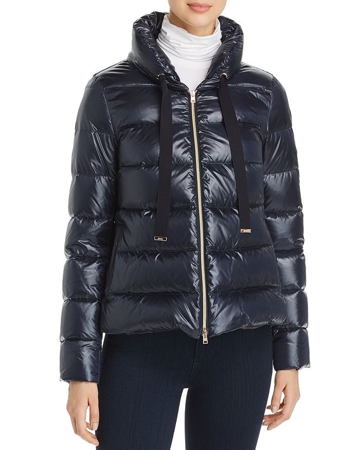 Herno Mixed Media Furback Short Down Coat In Navy ModeSens