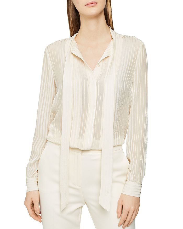 Reiss Nessa Striped Tie Neck Blouse In Cream Modesens