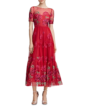 MARCHESA NOTTE FLORAL-EMBROIDERED MIDI DRESS,N28G0810