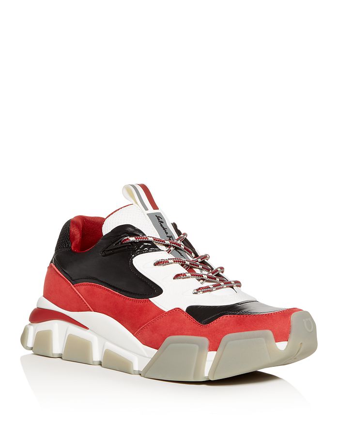 Ferragamo Men's Booster Mixed Media Low-top Sneakers In Red
