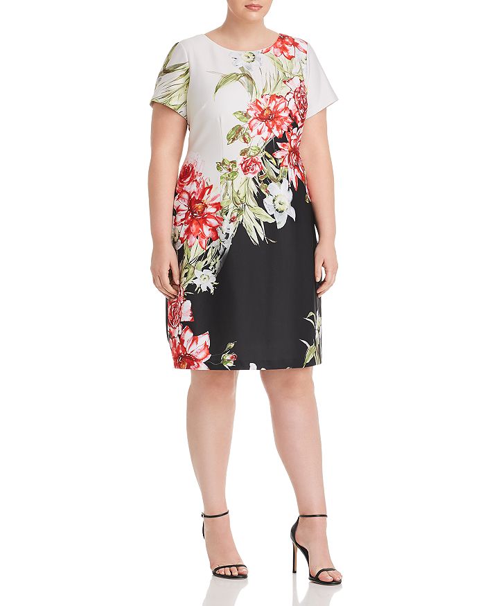 Adrianna Papell Plus Color-blocked Floral A-line Dress In Black/ivory