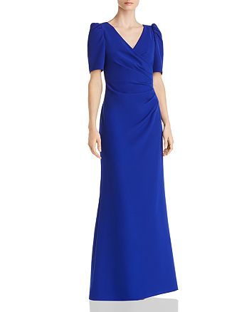 Adrianna Papell Puff-Sleeve Wrap-Style Gown | Bloomingdale's