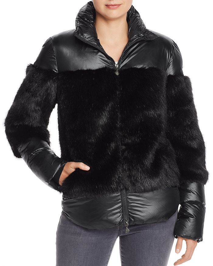 Snowman Texture-blocked Faux Fur Trim Down Coat In New York Black ...