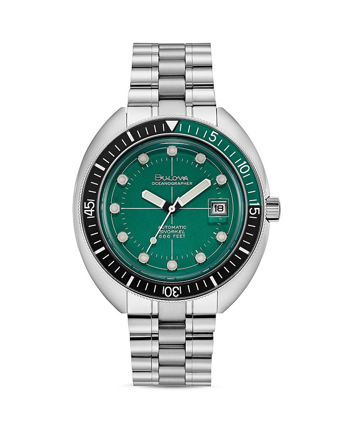 Shop Bulova Oceanograper Green Dial Watch, 44mm In Green/silver