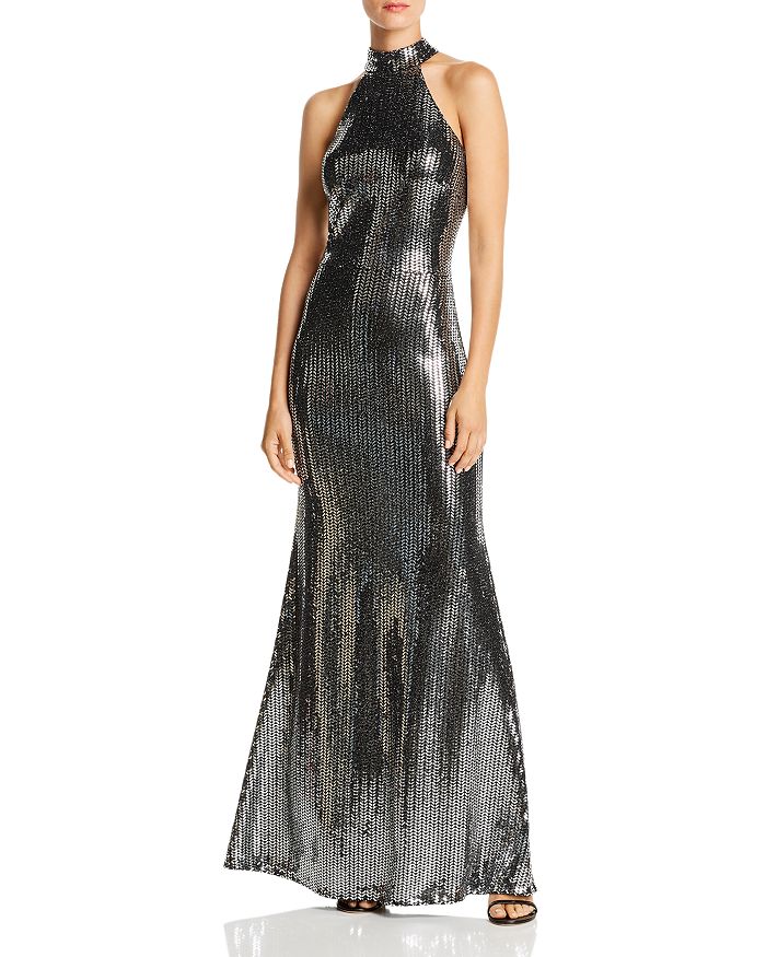 Aqua Sequin Halter Neck Gown - 100% Exclusive In Silver/black