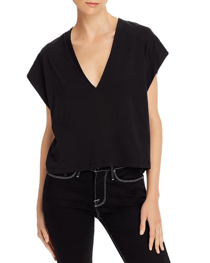 Frame Black Cotton V-neck T-shirt In Noir