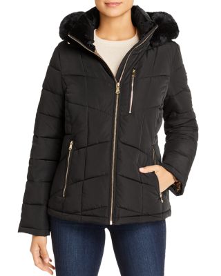 calvin klein short puffer coat with faux fur hood