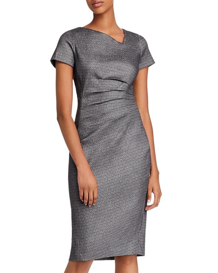 Donna Karan New York Asymmetric Pleated Sheath Dress In Black/silver Gray