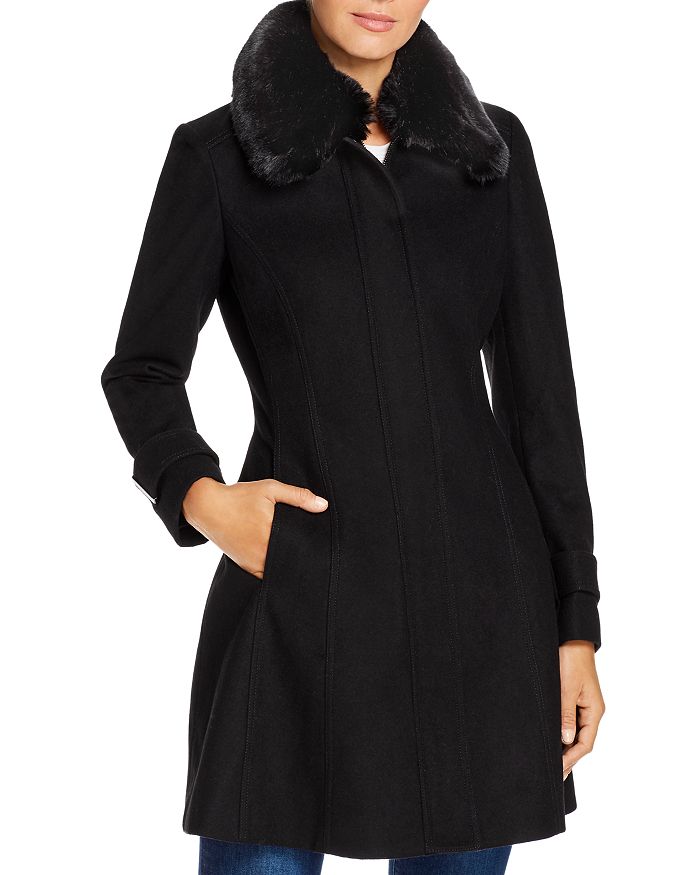 Calvin Klein Faux Fur-collar Wool-blend Coat In Black