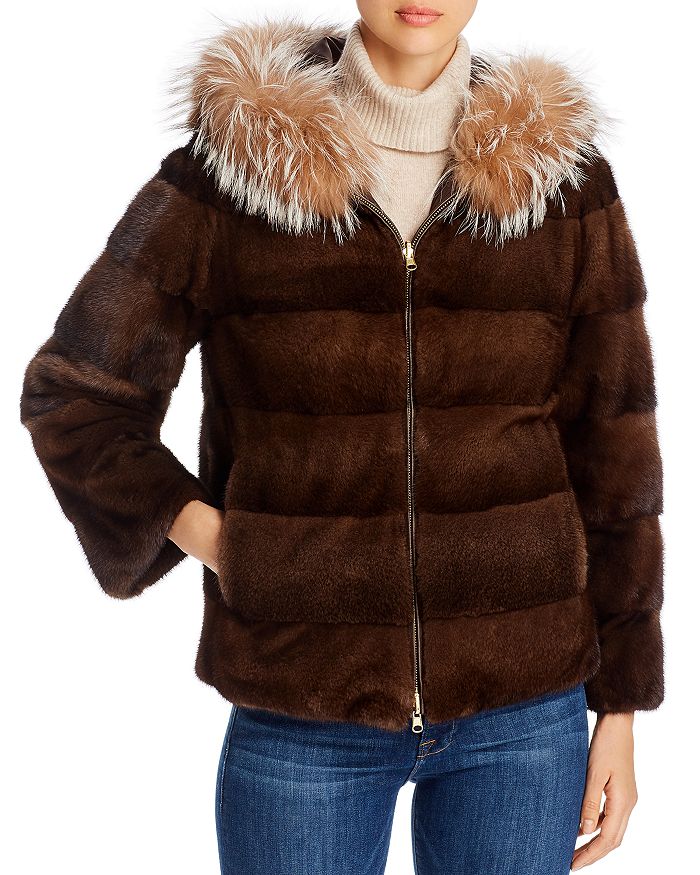 Maximilian Furs Mink Fur & Fox Fur Trim Hooded Reversible Jacket - 100% Exclusive In Brown/crystal