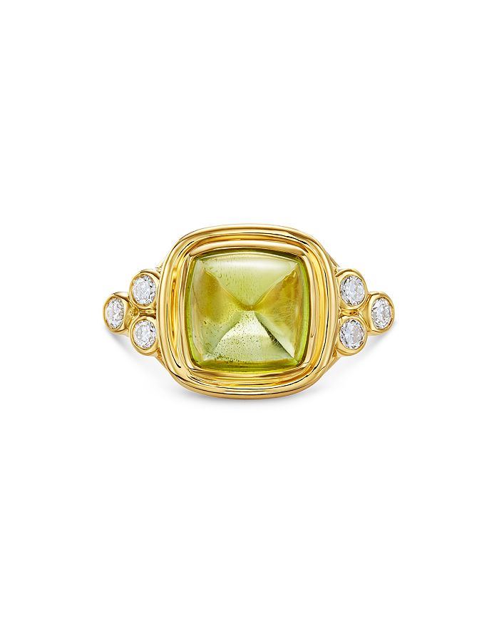 Shop Temple St Clair 18k Yellow Gold High Classic Sugar Loaf Ring With Peridot & Diamonds In Green/gold