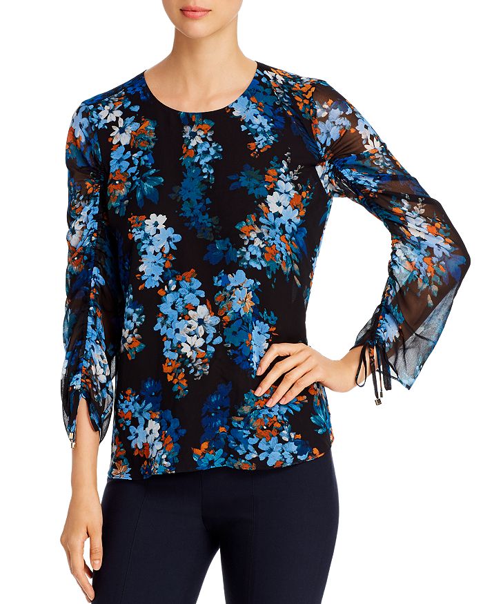 Calvin Klein Floral Drawstring-sleeve Blouse In Mallard Multi