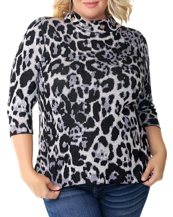 Belldini Plus Leopard-jacquard Mock Neck Sweater In Gray Bangal/silver
