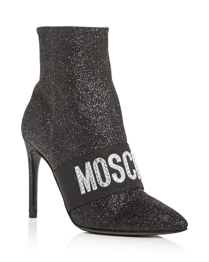 Moschino Women's Embellished Logo Pointed-toe High-heel Booties In Black