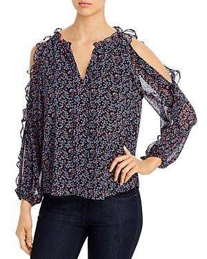 1.state Cascading Calico Ruffled Cold-shoulder Top In Black Multi
