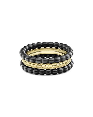 Meridian 18K Yellow Gold Caviar Gold Black Ceramic Stacking Rings, Set of 3