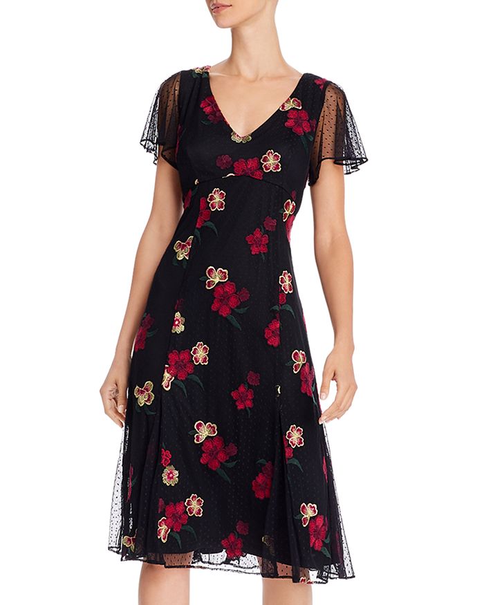 Adrianna Papell Floral Embroidered Fit-and-flare Dress In Black Multi