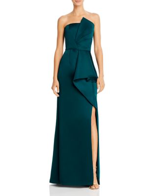 aqua asymmetric strapless velvet gown