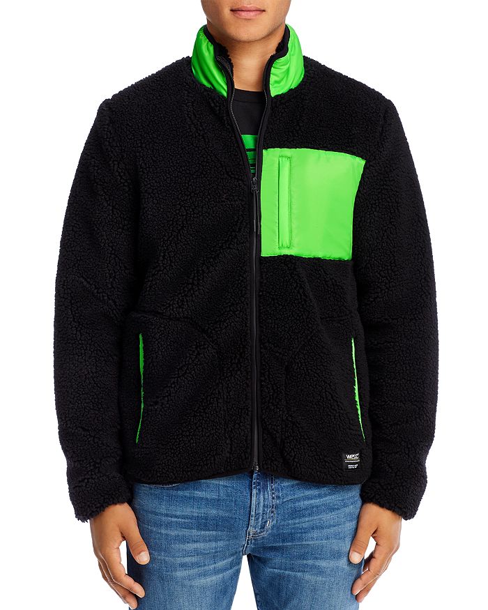Wesc Moritz Mixed-media Sherpa Slim Fit Fleece Jacket In Black/neon Green