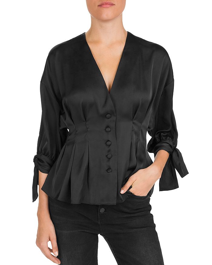 THE KOOPLES PLEATED BUTTON-FRONT TIE-CUFF BLOUSE,FCCL19044K