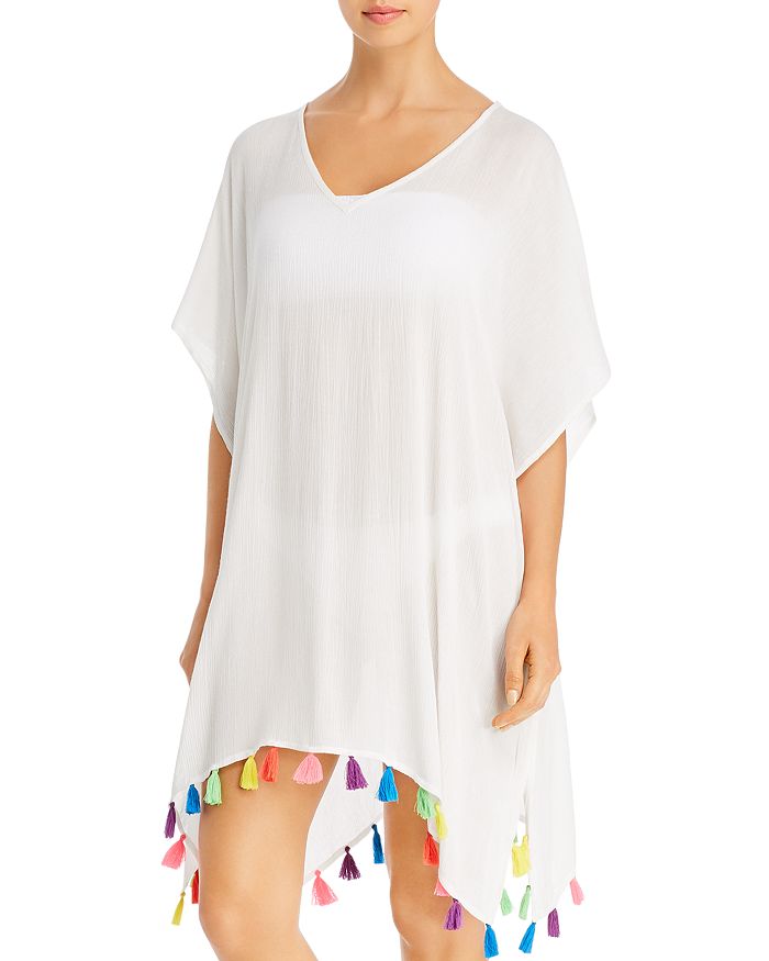 Echo Solid Tassel Caftan Swim Cover-up In White With Multi Tassels