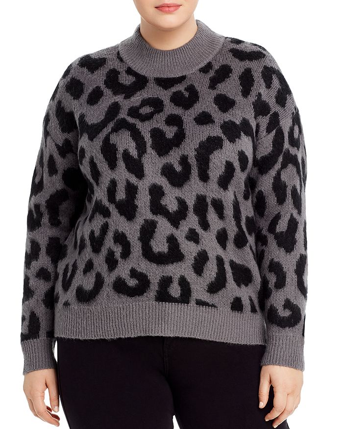 Aqua Curve Leopard Mock Neck Sweater In Gray