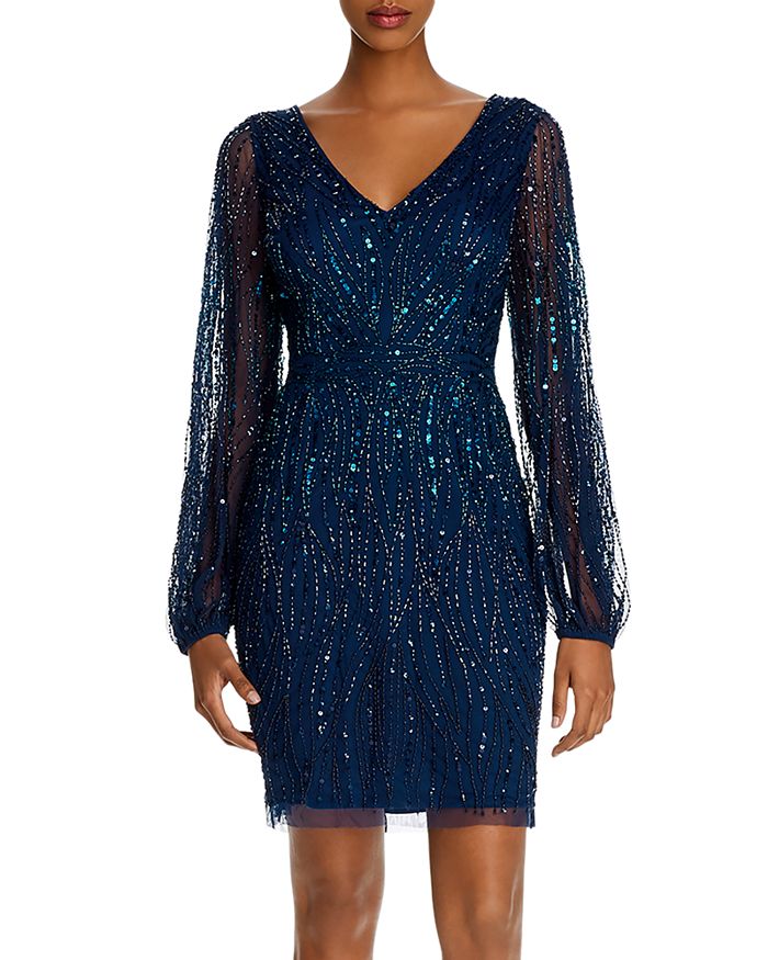Adrianna Papell Short Beaded Cocktail Dress In Twilight Blue
