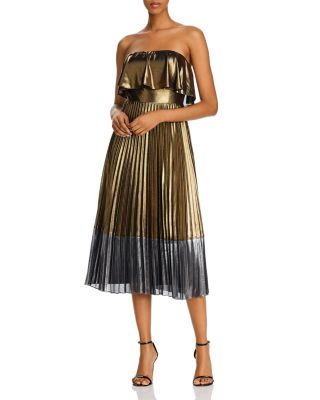 gold pleated midi dress