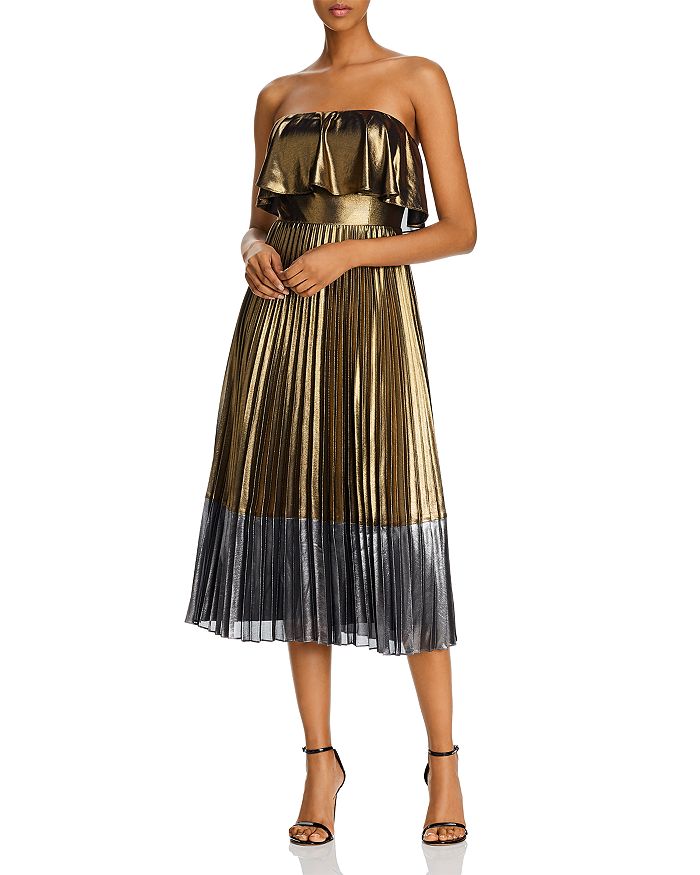 Aidan Mattox Aidan By Metallic Pleated Midi Dress In Gold | ModeSens