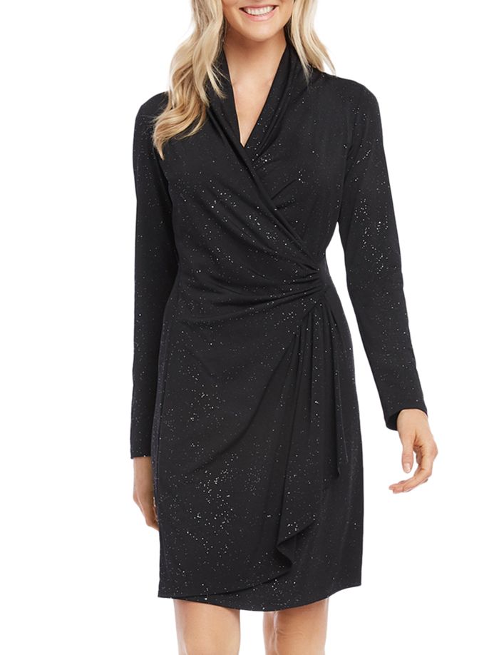 Karen Kane Three-quarter-sleeve Faux-wrap Dress In Black