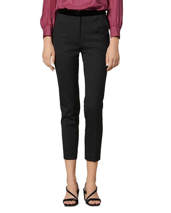 Sandro Voyou Cropped Velvet-trimmed Twill Slim-leg Pants In Black
