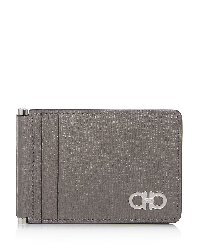 Ferragamo Revival Gancini Folding Leather Card Case In Gray/blue