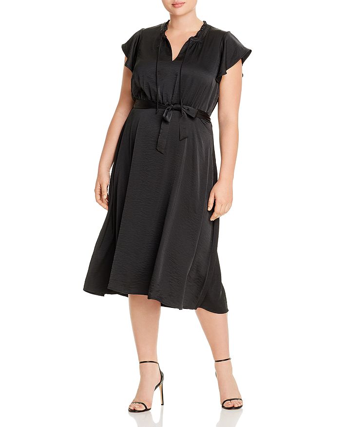 B Collection By Bobeau Curvy Savoy Flutter-sleeve Belted Midi Dress In Black
