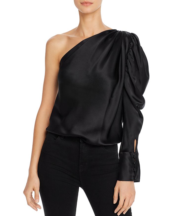 Alix Nyc Dakota One-shoulder Puffed-sleeve Silk Bodysuit In Black