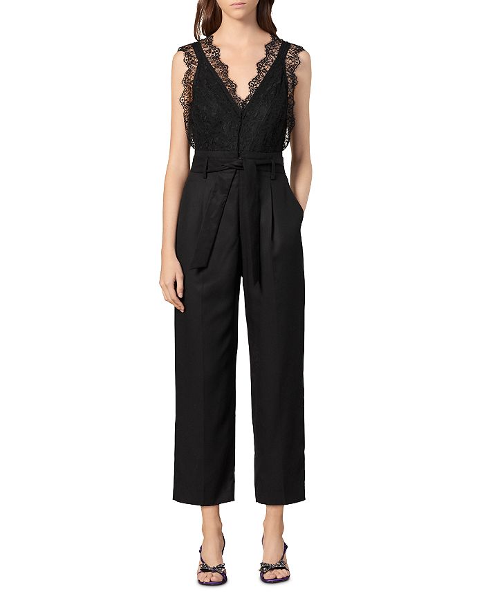 SANDRO ALEXIS BELTED LACE-DETAIL JUMPSUIT,SFPCO00047