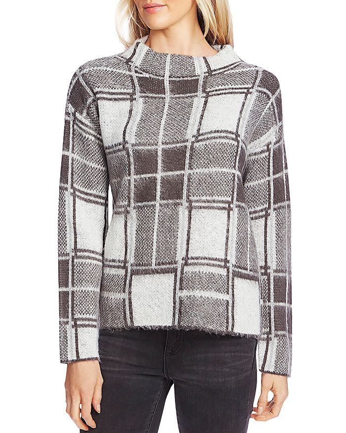 VINCE CAMUTO FUZZY PLAID FUNNEL NECK SWEATER,9169217